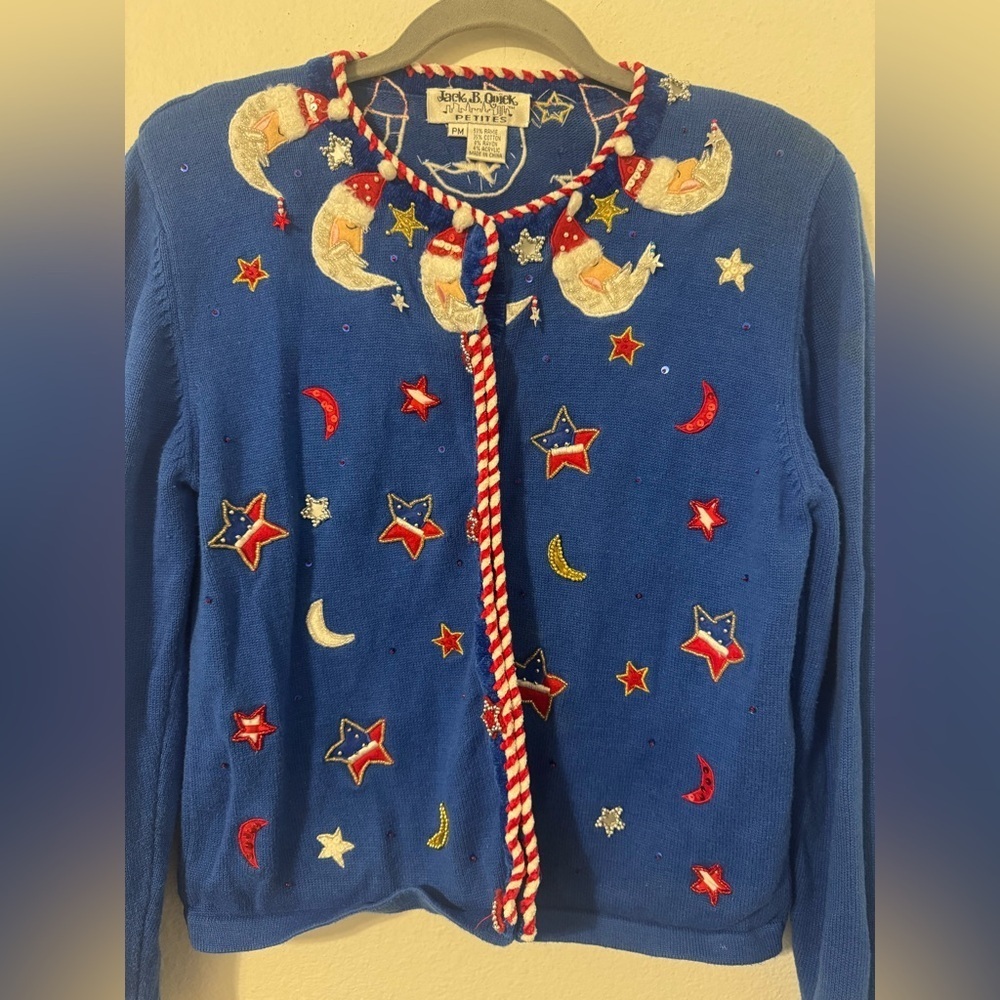 Jack B. Quick Christmas Sweater Cardigan Santa Moon Beading Red White Blue Med P - Picture 2 of 9